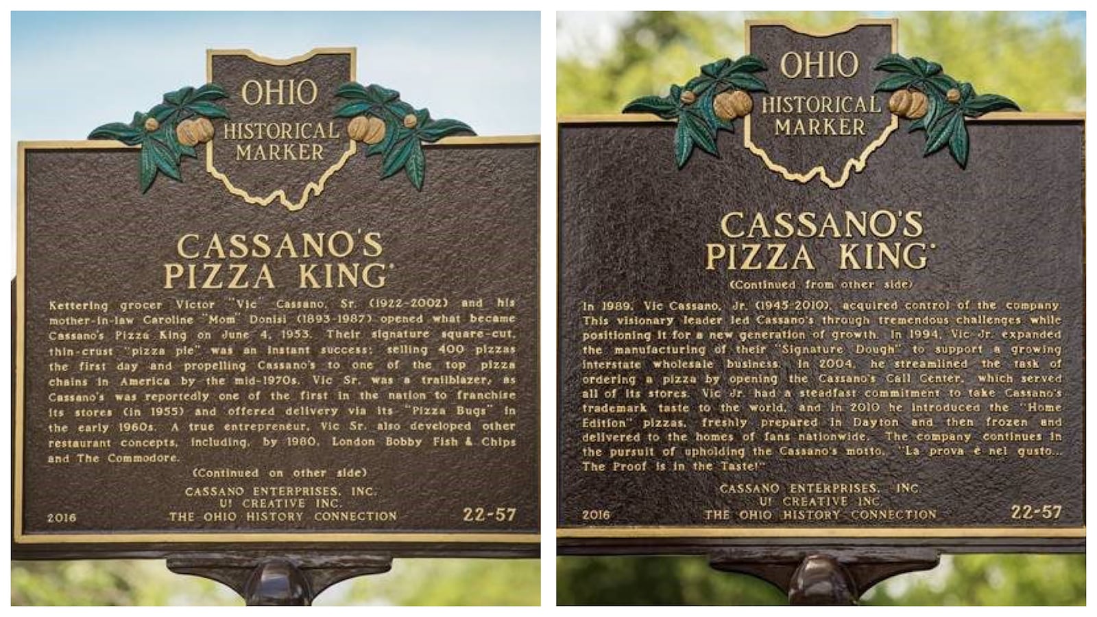 The Cassano’s Pizza King historical marker, located outside the company headquarters in Kettering.