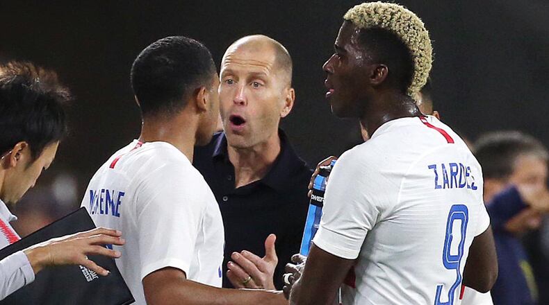 USA head coach Gregg Berhalter instructs his players during action against Ecuador in a friendly at Orlando City Stadium on March 21, 2019, in Orlando, Fla. The United States won, 1-0. (Stephen M. Dowell/Orlando Sentinel/TNS)