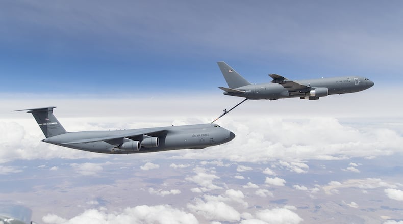 A KC-46A Pegasus out of Edwards Air Force Base, Calif., conducts testing with a C-5M Super Galaxy out of Travis Air Force Base, Calif., for the first time April 29. Travis will receive the KC-46, the Air Force’s newest refueling aircraft, in 2023. (U.S. Air Force photo/Christian Turner)