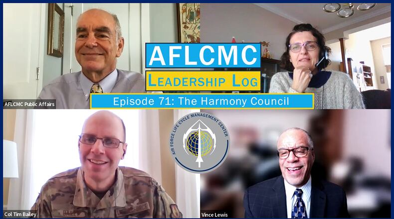 Col. Tim Bailey, F-16 Division chief; Vince Lewis, F-16 deputy manager for Nuclear Matters; and Rosmarie Edwards, F-16 avionics engineer, all are involved with the Harmony Council and described their experiences during a recent episode of Air Force Life Cycle Management Center’s Leadership Log podcast, moderated by Daryl Mayer, AFLCMC Public Affairs. U.S. AIR FORCE GRAPHIC/JIM VARHEGYI