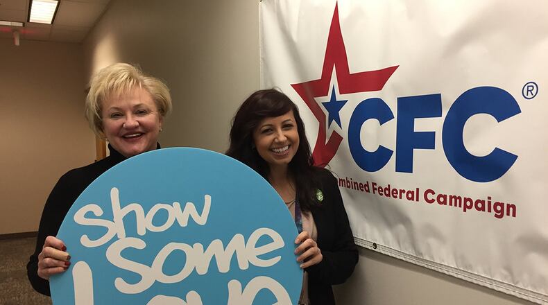 Di Lynn (left), chief of War Gaming and Deliberate Planning, Headquarters Air Force Materiel Command, and Heather Atkinson, program manager, Foreign Military Sales, New Business in Simulators, Agile Combat Support Directorate, are serving as loaned executives for the 2018 Ohio Combined Federal Campaign, Dayton District, at Wright-Patterson Air Force Base and throughout a nine-county area. (Skywrighter photo/Amy Rollins)