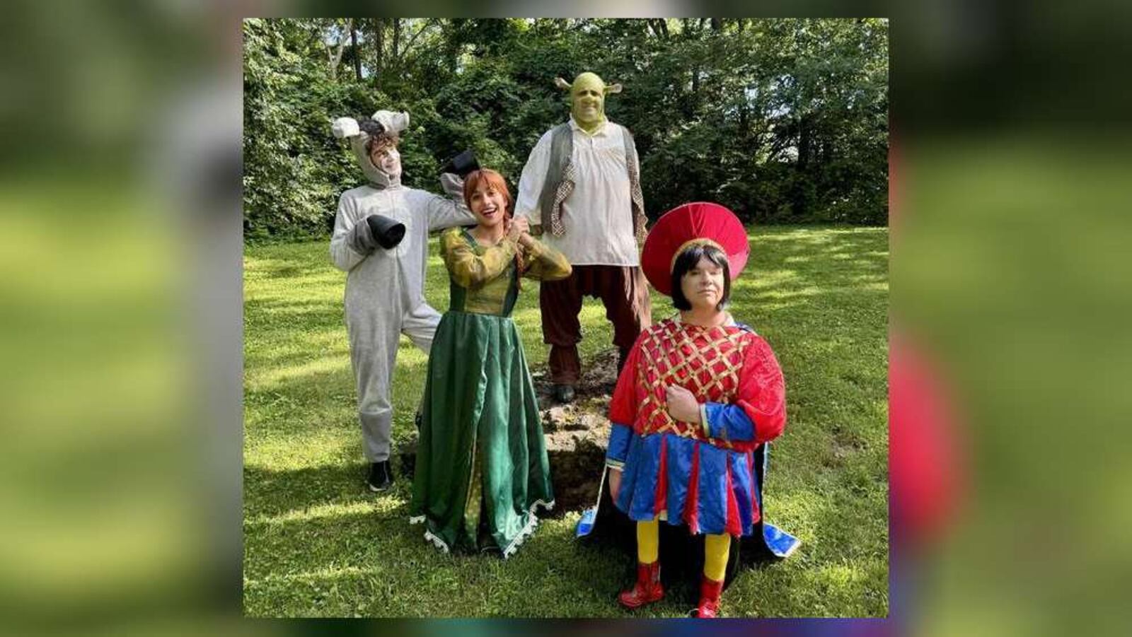 Left to right: Sully Crinion (Donkey), Sophia Harvey (Princess Fiona), TJ Montgomery (Shrek) and Nick Bellmyer (Lord Farquaad) appear in Epiphany Lutheran Church's production of "Shrek: The Musical." Photo by Megan Wean Sears