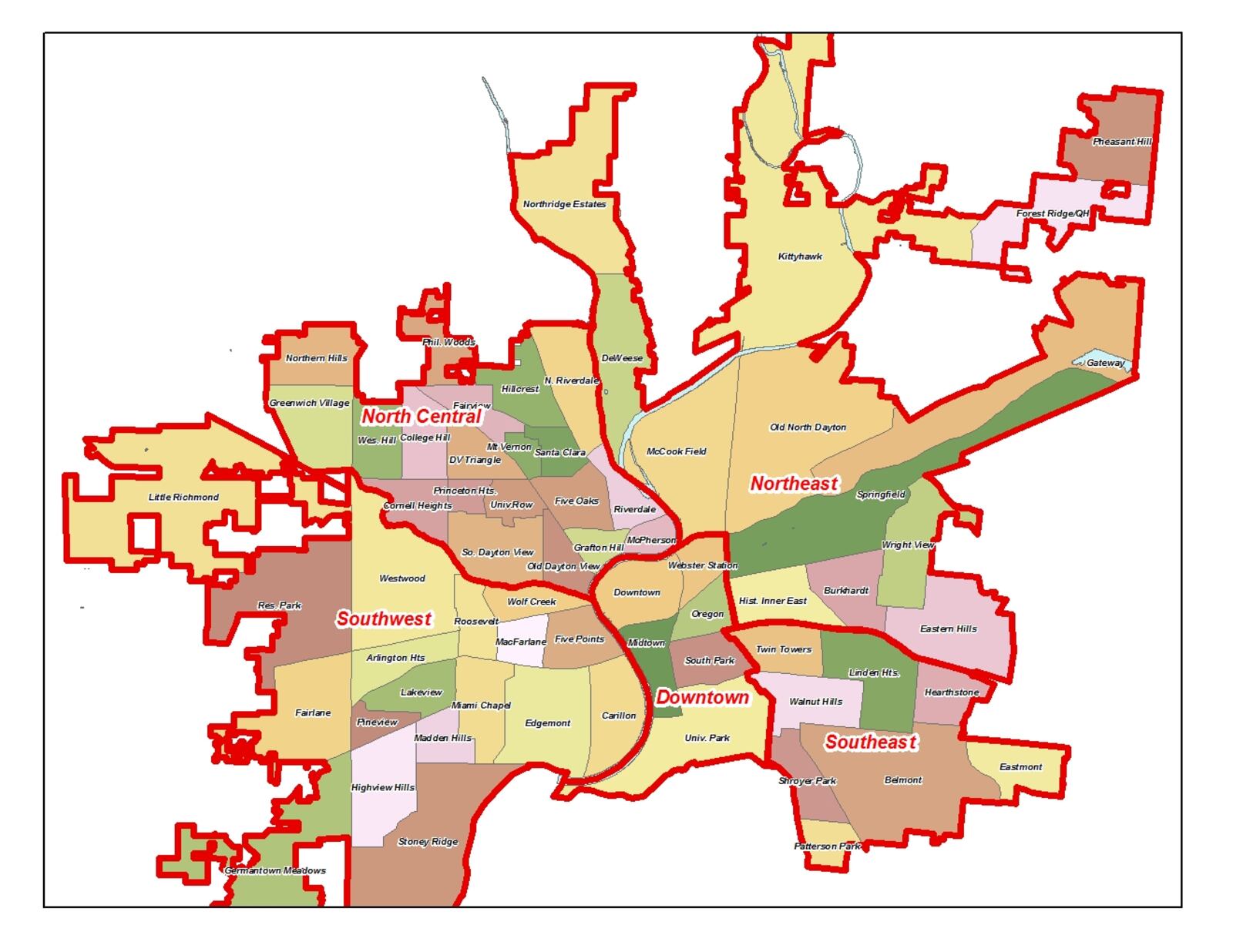 A map showing Dayton's five land use areas. They are northeast, southeast, downtown, west and north central. CONTRIBUTED