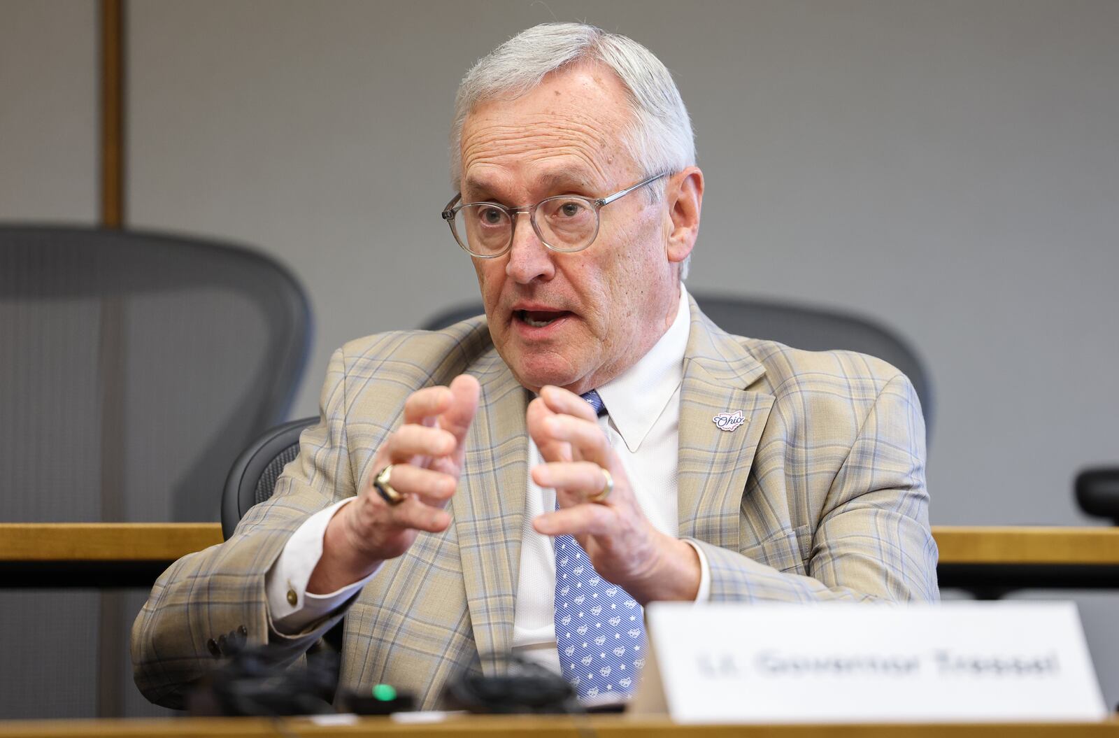 Lt. Gov. Jim Tressel talks during a roundtable discussion on Tuesday at Sinclair Conference Center. Tressel and visited the campus on the latest stop of a tour of workforce discussions with education and business leaders around the state.  BRYANT BILLING / STAFF