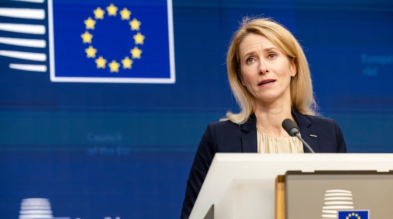European Union foreign policy chief Kaja Kallas addresses the media after an EU general affairs meeting at the European Council building in Brussels, Thursday, Nov. 20, 2025. (AP Photo/Geert Vanden Wijngaert)