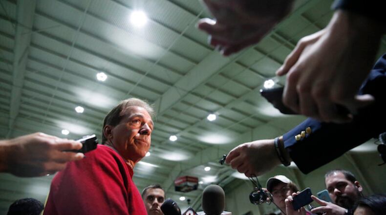 Alabama coach Nick Saban speaks to the media during Alabama's Pro Day, Wednesday, March 7, 2018, in Tuscaloosa, Ala. The event is to showcase players for the upcoming NFL football draft. (AP Photo/Brynn Anderson)