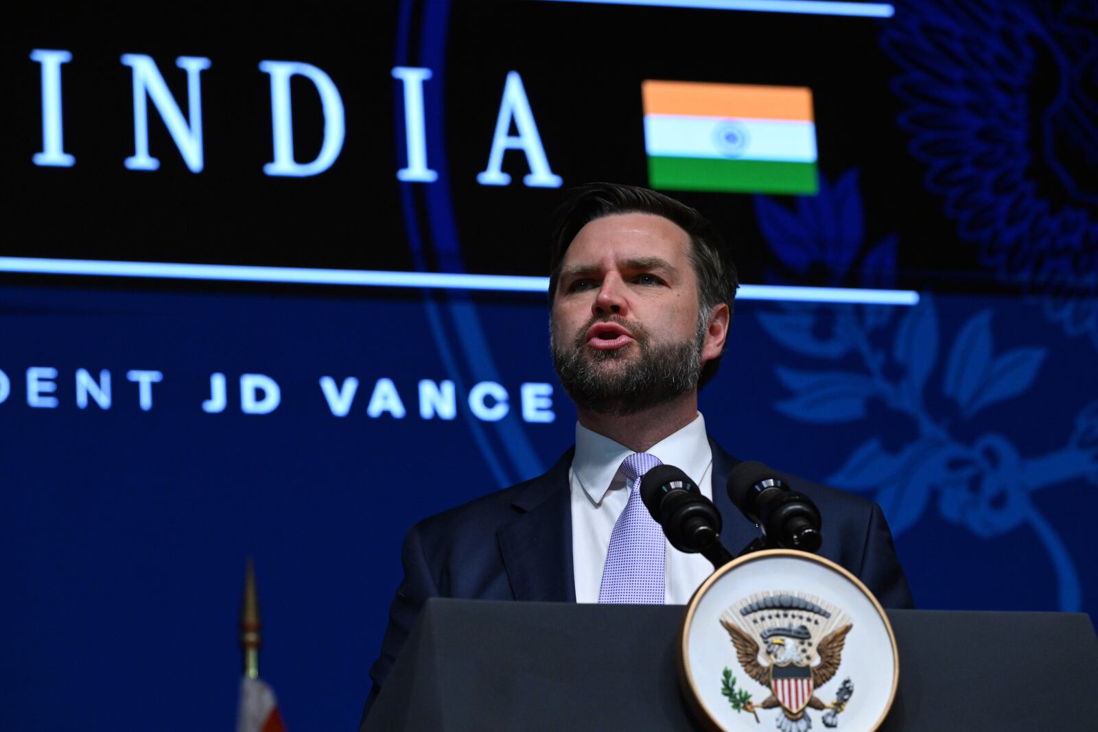 U.S. Vice President JD Vance delivers remarks at the Rajasthan International Centre in Jaipur, India, Tuesday, April 22, 2025. (Kenny Holston/The New York Times via AP, Pool)
