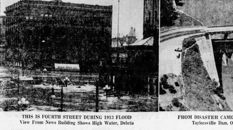 This is Fourth Street during the 1913 Flood. View from News Building shows high water, debris.From disaster came Miami Conservancy. Taylorsville Dam, one of many in the area.