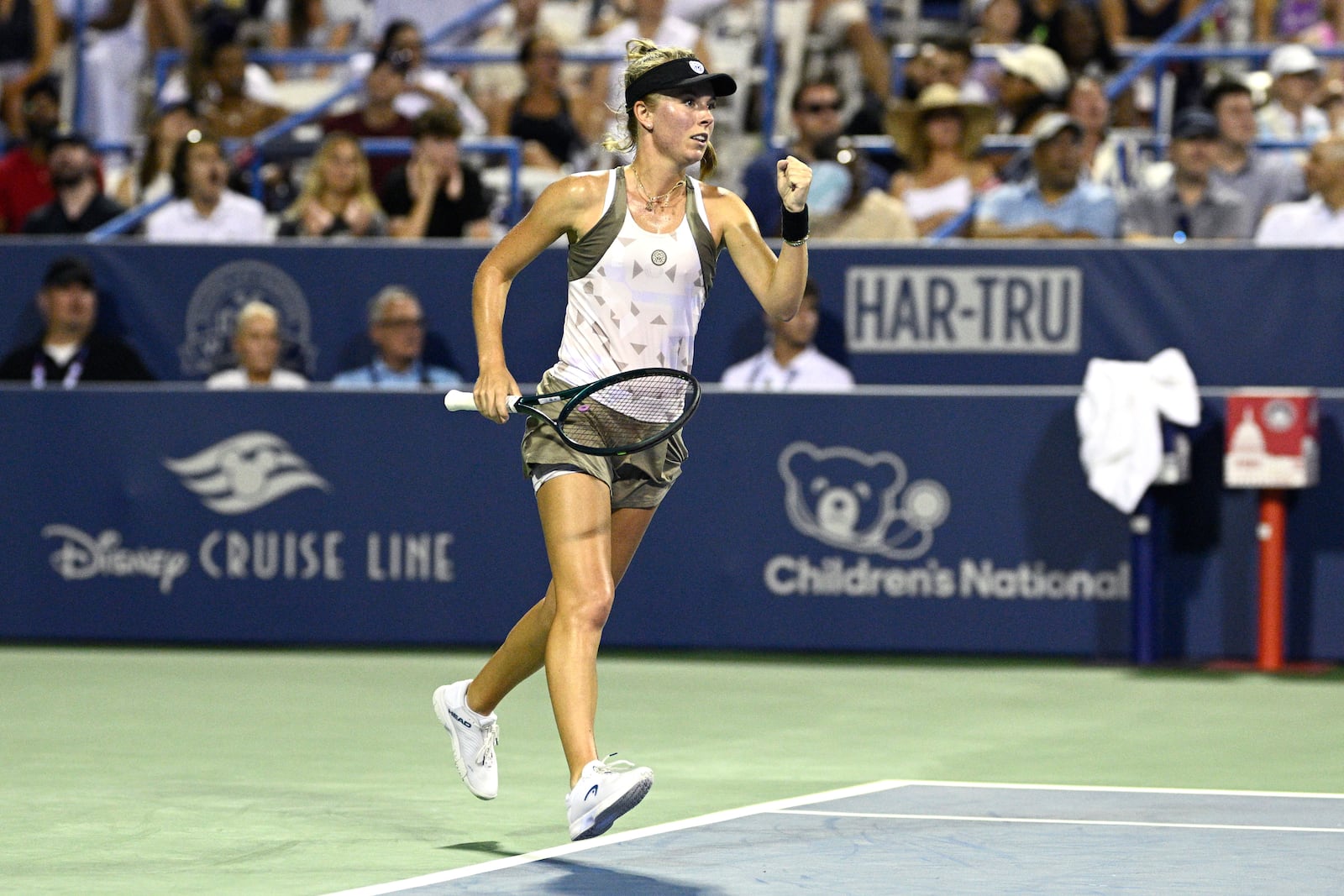 Magdalena Frech, of Poland, reacts during a match against Venus Williams at the Citi Open tennis tournament Thursday, July 24, 2025, in Washington. (AP Photo/Nick Wass)
