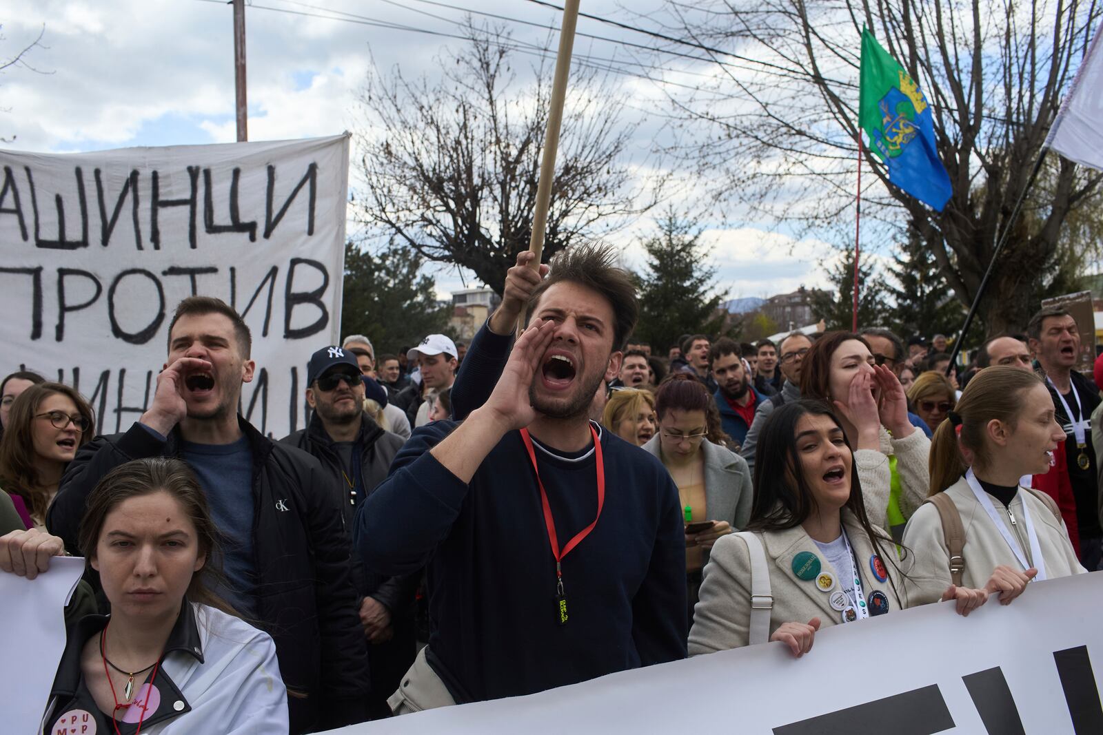 People chant during an anti-corruption protest led by university students in the southwestern town of Novi Pazar, Serbia, Saturday, April 12, 2025. (AP Photo/Marko Drobnjakovic)