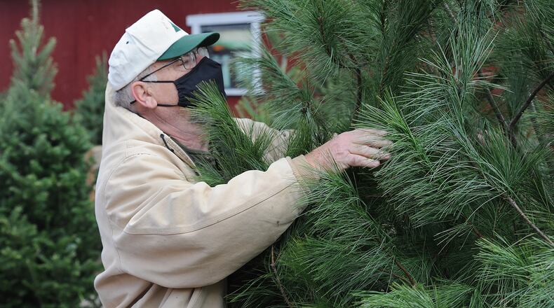 David Morris, owner of Red Barn Tree Farm in Miamisburg, looks over one of the trees that was purchased over the weedend. MARSHALL GORBY\STAFF