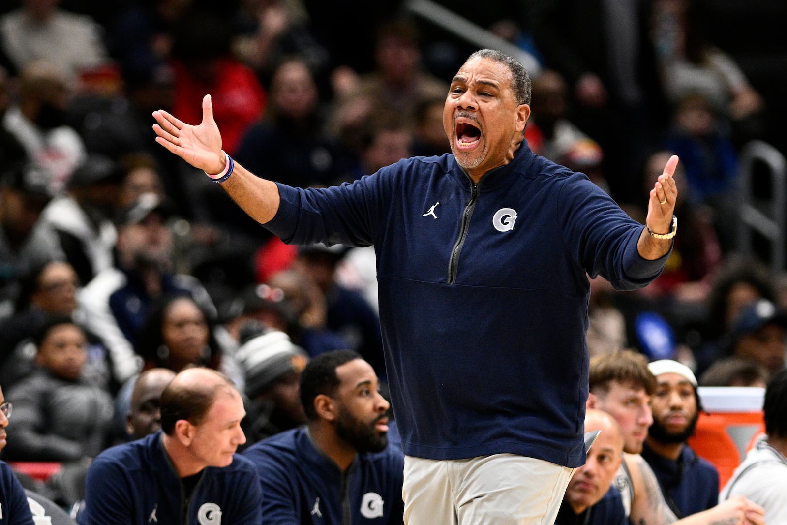 FILE - Georgetown head coach Ed Cooley gestures during the first half of an NCAA college basketball game against St. John's, Tuesday, Jan. 28, 2025, in Washington. (AP Photo/Nick Wass, file)