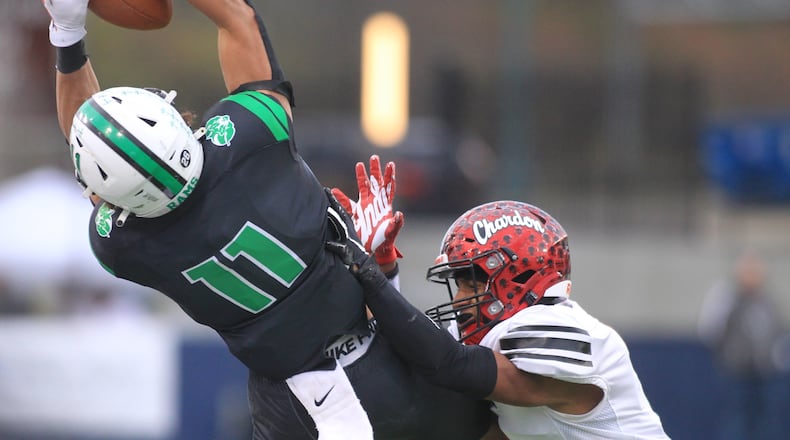 Badin's Braedyn Moore makes a catch against Chardon in the Division III state championship game on Friday, Dec. 3, 2021, at Tom Benson Hall of Fame Stadium in Canton. David Jablonski/Staff