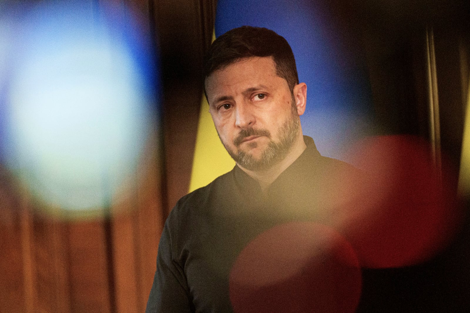 Ukrainian President Volodymyr Zelenskyy speaks to journalists during a news conference in Kyiv, Ukraine, Tuesday, May 13, 2025. (AP Photo/Evgeniy Maloletka)