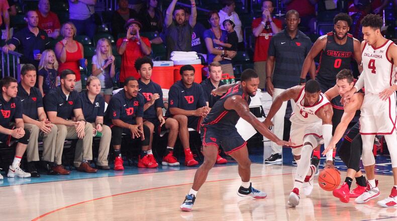 Dayton's Trey Landers and Ryan Mikesell defend against Oklahoma on Friday, Nov. 23, 2018, at Imperial Gym on Paradise Island, Bahamas.