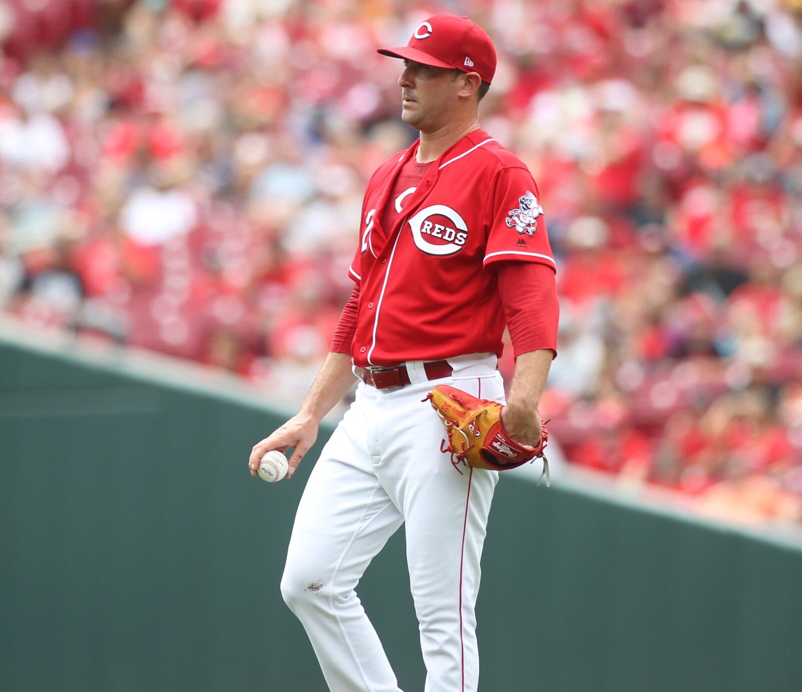 Reds starter Matt Harvey reacts after giving up a home run against the Pirates on Sunday, July 22, 2018, at Great American Ball Park in Cincinnati. David Jablonski/Staff