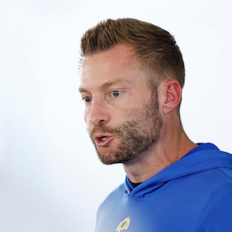 Los Angeles Rams head coach Sean McVay speaks during a news conference at the team's training facility Friday, Jan. 23, 2026, in Los Angeles, ahead of the NFL football NFC Championship game against the Seattle Seahawks. (AP Photo/Caroline Brehman)