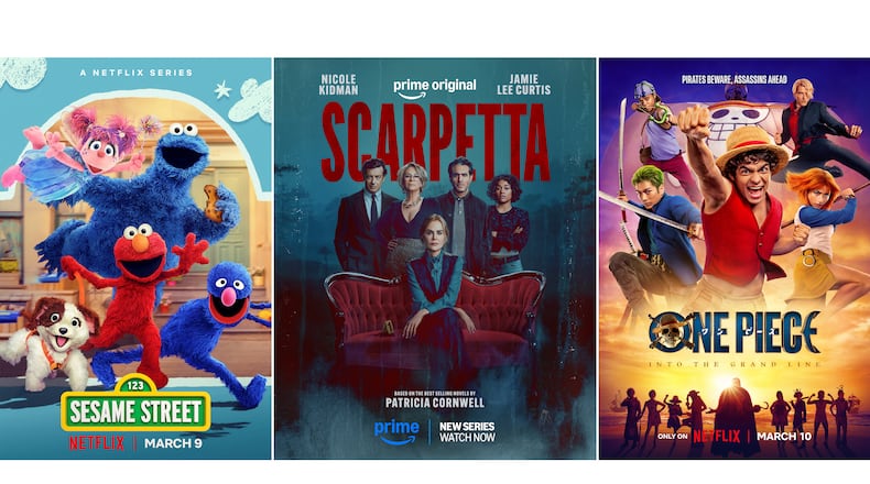 This combination of images show promotional art for the series “Sesame Street,” left, “Scarpetta,” center, and “One Piece.” (Netflix/Prime Video/Netflix via AP)