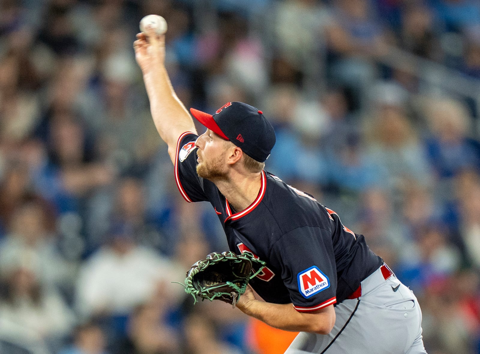 Cleveland Guardians pitcher Tanner Bibee delivers to the Toronto Blue Jays during first-inning baseball game action in Toronto, Sunday May 4, 2025. (Frank Gunn/The Canadian Press via AP)