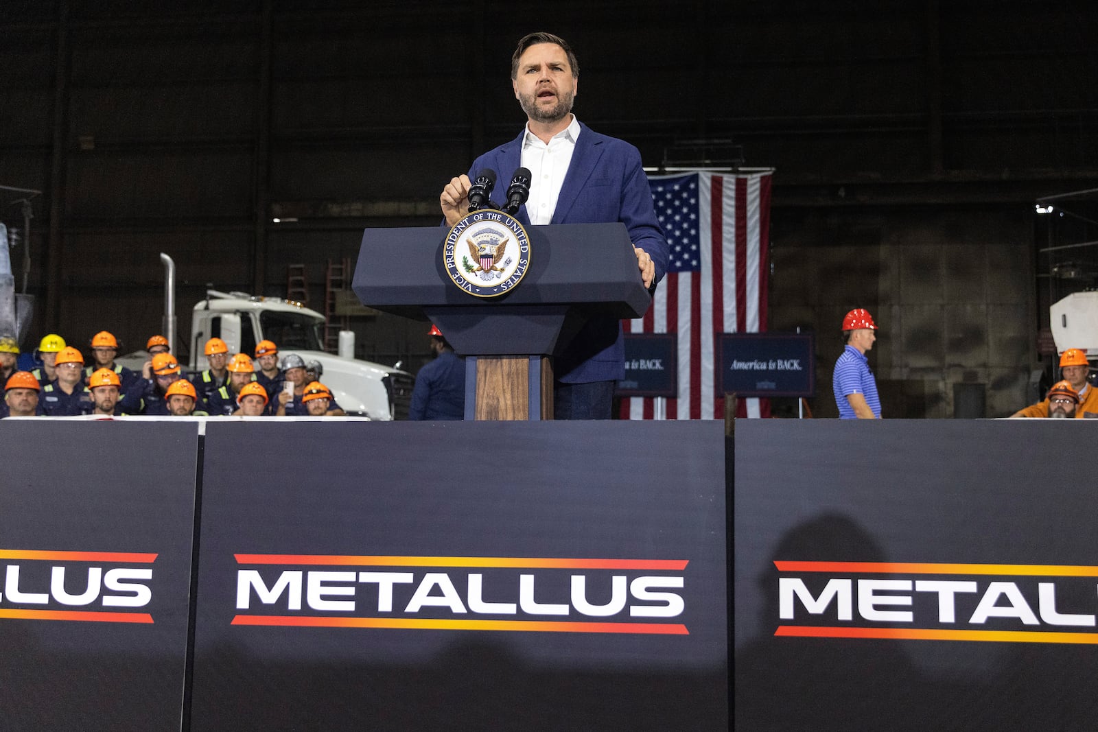 Vice President JD Vance speaks at the Metallus plant in Canton, Ohio, Monday, July 28, 2025. (Maddie McGarvey/The New York Times via AP, Pool)