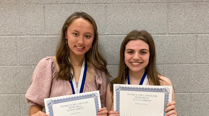 Springboro High School seniors Kaylee Pham, left, and McKenzie Paul are the first recipients of the Patricia McCandless Memorial Scholarship. The students received their scholarships during the school's annual Senior Awards Night. Both students received a one-year, $7,000 scholarship. CONTRIBUTED/SPRINGBORO SCHOOLS