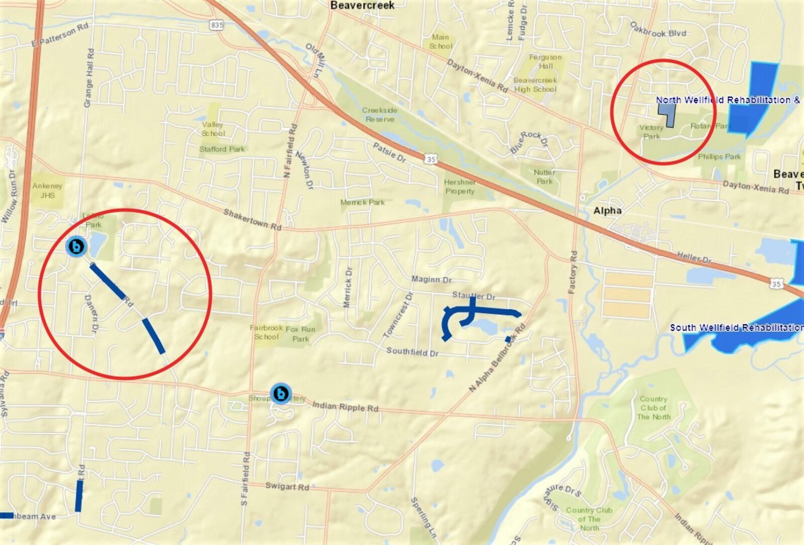 The Greene County commission re-bid two of its water improvement projects, the Grange Hall Water Main extension (left), and the North Wellfield refurbishment (top right) Thursday. While these are the most recent to be hit by soaring construction costs, other county projects have been impacted. CONTRIBUTED