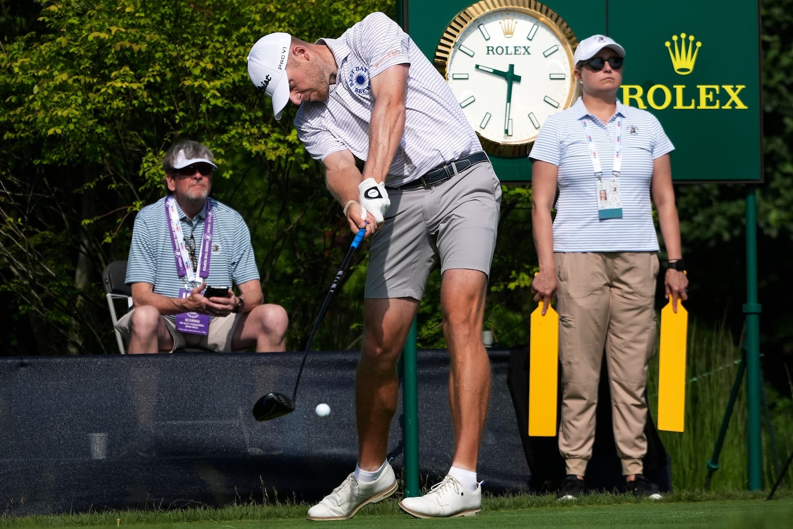 Matt Vogt tees off on the first hole of a practice round for the 2025 US Open golf championship at Oakmont Country Club in Oakmont, Pa. Monday, June 9, 2025. (AP Photo/Gene J. Puskar)