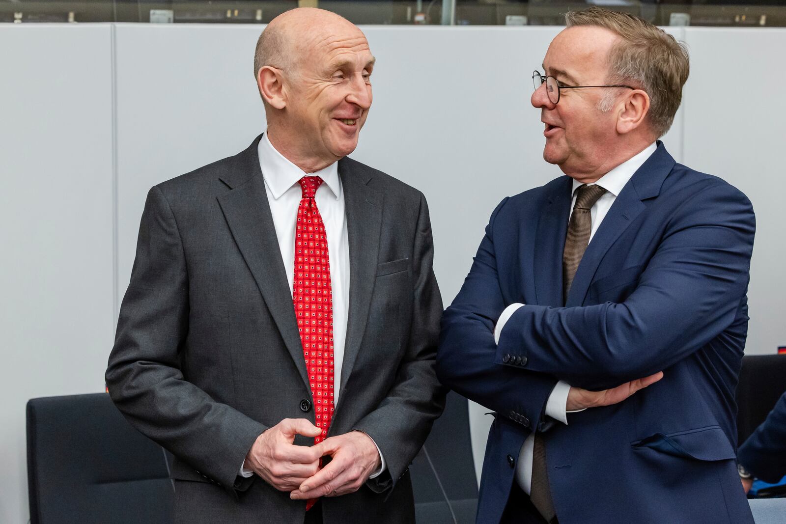 Britain's Defense Secretary John Healey, left, talks with Germany's Defense Minister Boris Pistorius during a meeting of the Ukraine Defense Contact Group at NATO headquarters in Brussels, Friday, April 11, 2025. (AP Photo/Geert Vanden Wijngaert)