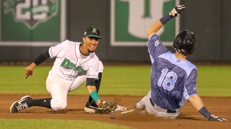 Dayton Dragons shortstop Miguel Hernandez tags out West Michigan’s Parker Meadows on a steal attempt at second base during their game at Fifth Third Field on Wednesday night at Fifth Third Field. Meadows was out on the play. Dayton won 5-2 to earn its 10th straight victory, tying the second longest winning streak in team history. CONTRIBUTED PHOTO BY MICHAEL COOPER