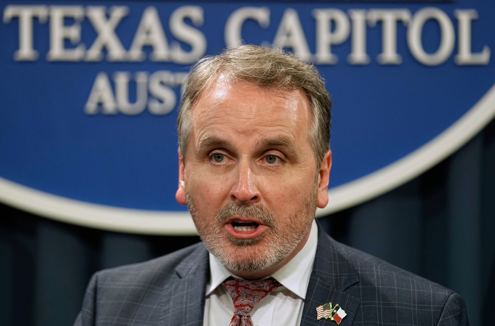 FILE - Texas State Sen. Bryan Hughes, R-Mineola, speaks during a news conference at the Texas Capitol in Austin, Texas, June 7, 2023. (AP Photo/Eric Gay, file)
