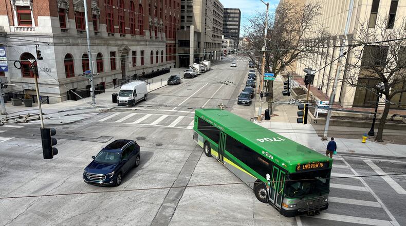 A Greater Dayton Regional Transit Authority bus in downtown Dayton. CORNELIUS FROLIK / STAFF