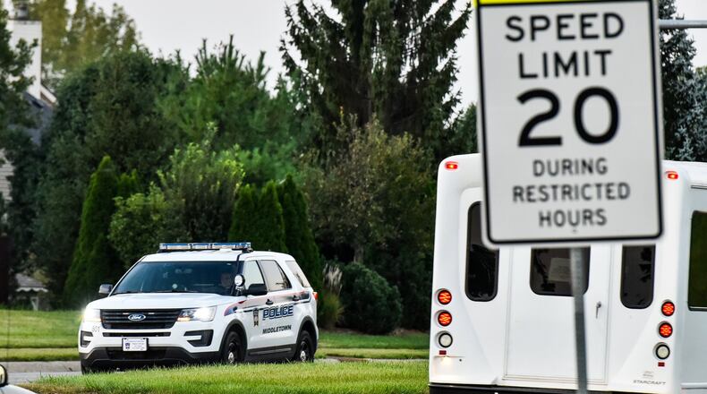 Middletown police and Ohio State Highway Patrol have teamed up to crackdown on speeding in school zones around Middletown. On Friday morning, Sept. 21 Middletown Police officer Kim Robinson was out checking speeds on Breiel Boulevard in front of the high school and middle school. NICK GRAHAM/STAFF