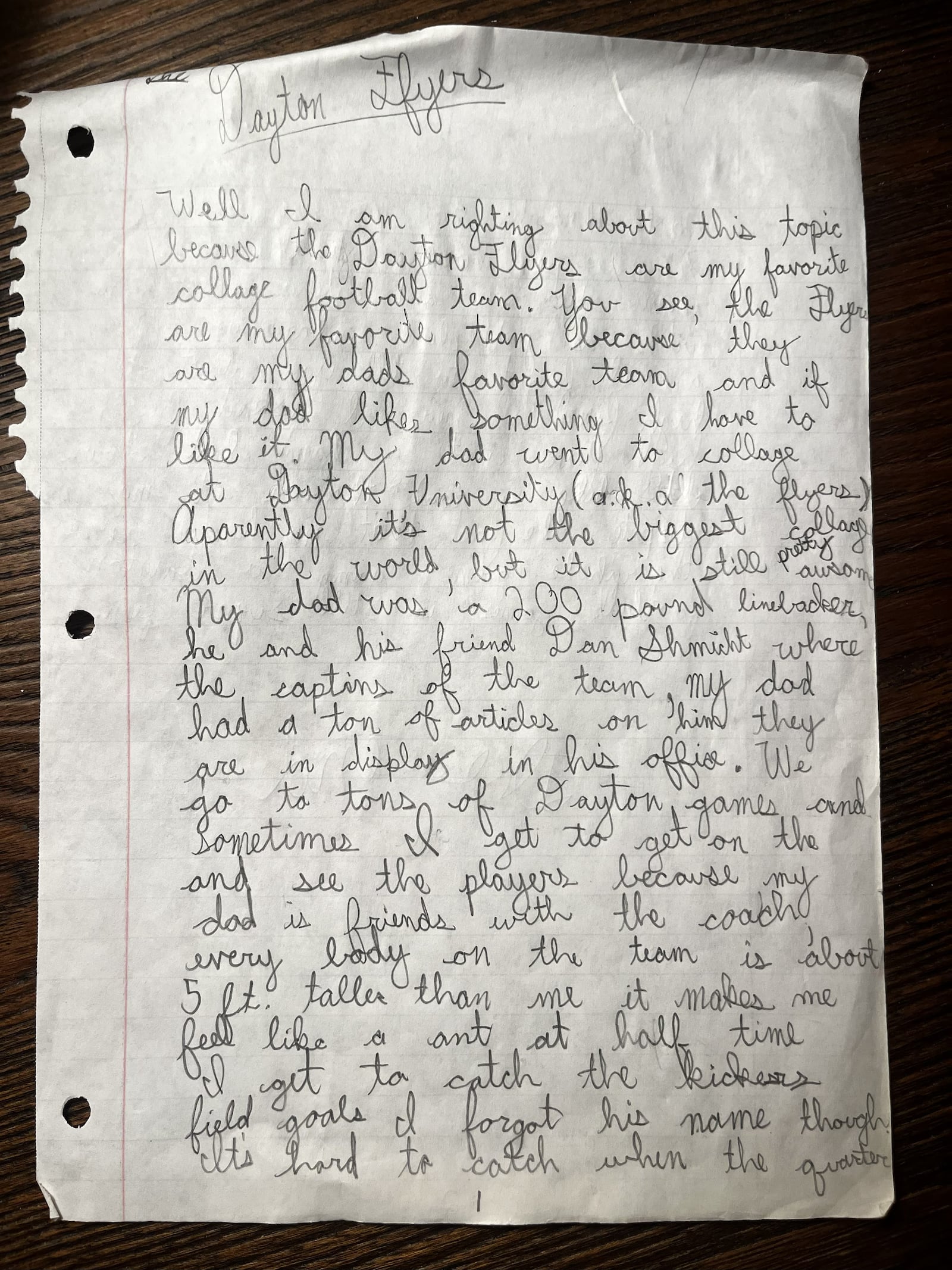 The heartfelt paper Drew VanVleet wrote as a third grader in Richmond, Indiana on why he loved the Dayton Flyers and the fun he had going to football games and meeting players who, he said, looked “5-feet taller” than him. CONTRIBUTED PHOTO