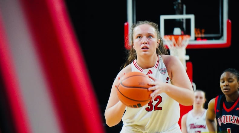 Miami's Katey Richason (32) eyes a free throw during Sunday's game vs. Duquesne at Millett Hall. Chris Vogt/CONTRIBUTED