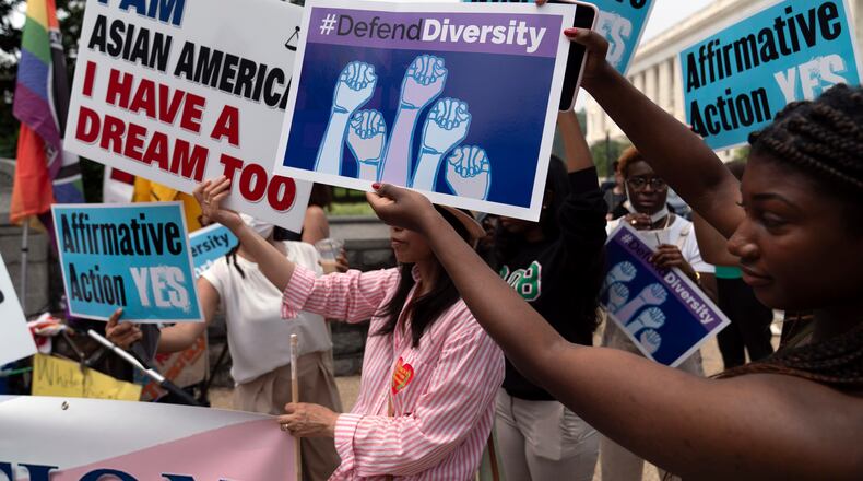FILE - Demonstrators protest outside of the Supreme Court in Washington, in this June 29, 2023 file photo, after the Supreme Court struck down affirmative action in college admissions, saying race cannot be a factor. (AP Photo/Jose Luis Magana)