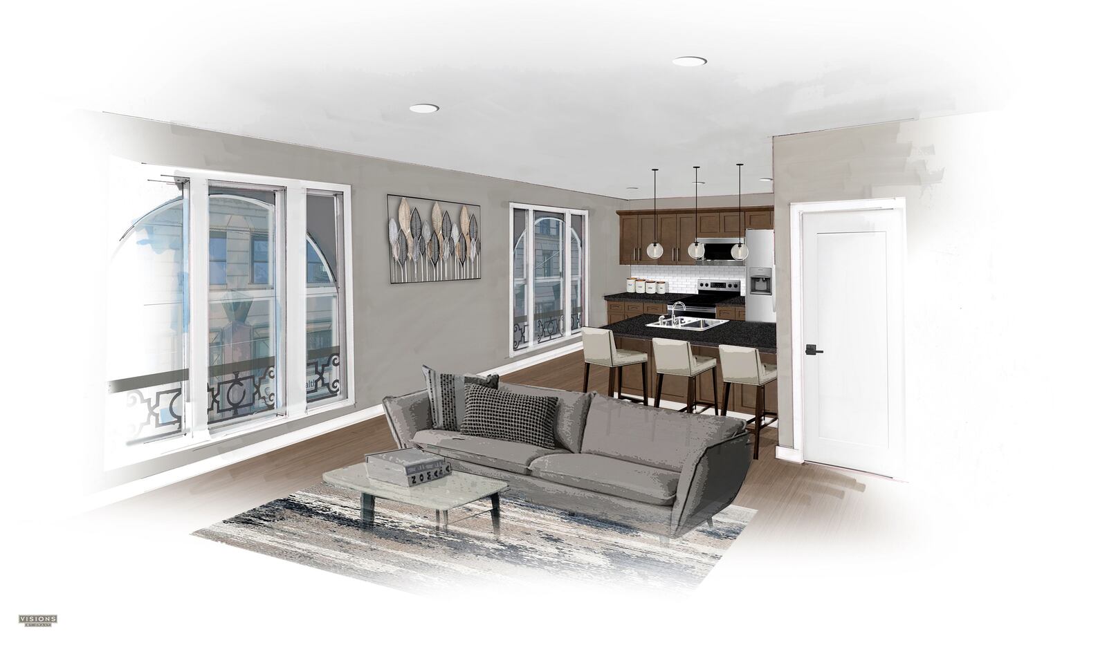 A rendering of the kitchen area of an apartment unit in the Art Lofts at the Dayton Arcade. CONTRIBUTED.