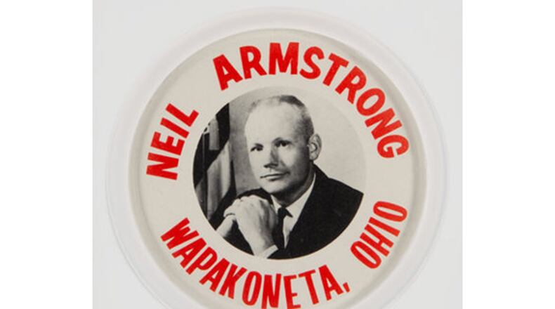 This “Neil Armstrong Wapakoneta, Ohio” button from The Armstrong Family Collection is being auctioned. Armstrong was born in Wapakoneta and was a graduate of the city’s Blume High School. Later, he lived near Lebanon in Warren County. HERITAGE AUCTIONS