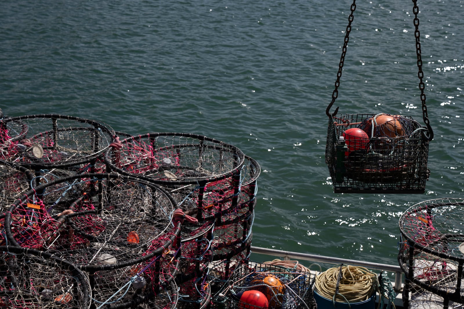 Pop-up gear that aims to prevent whale entanglements, right, is loaded onto the boat Pale Horse at Pier 45 in San Francisco, Thursday, April 10, 2025. (AP Photo/Emily Steinberger)