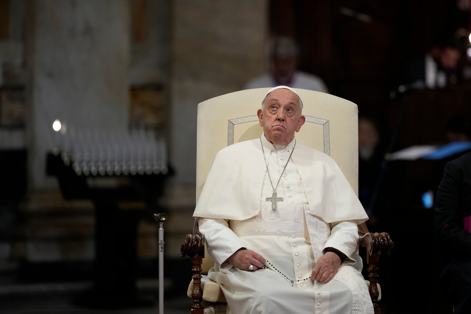 FILE - Pope Francis attends a prayer for peace at Rome's St. Mary Major Basilica, Sunday, Oct. 6, 2024. (AP Photo/Andrew Medichini, file)