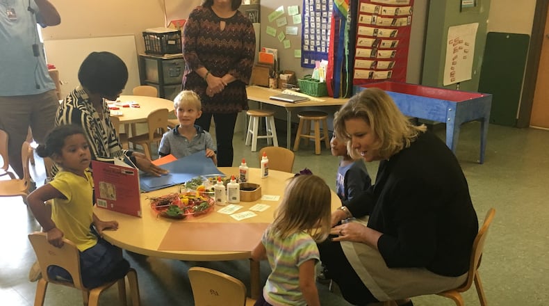 Dayton Mayor Nan Whaley works with preschool students at the University of Dayton’s Bombeck Family Learning Center on Wednesday, Sept. 6, 2017. JEREMY P. KELLEY / STAFF