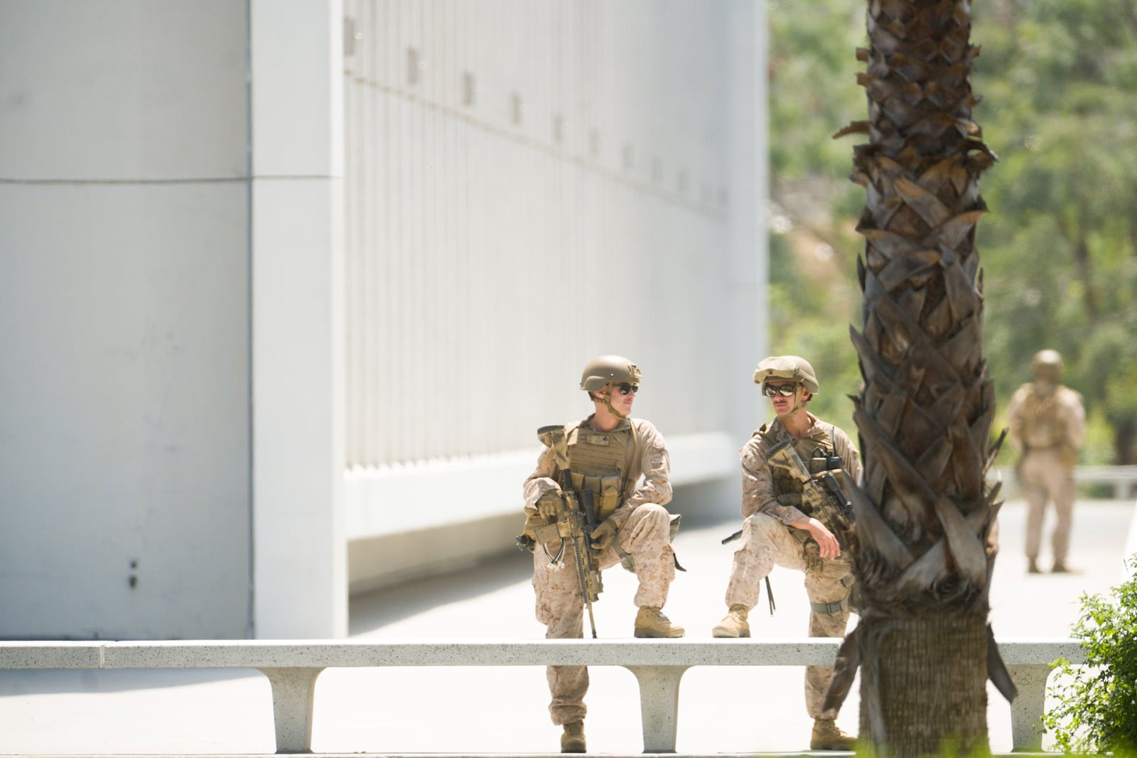 U.S Marines guard a federal building, Friday, June 13, 2025, in Los Angeles (AP Photo/Noah Berger)