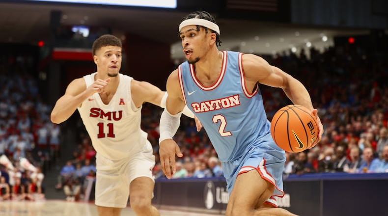 Dayton's Toumani Camara drives to the basket against Southern Methodist on Friday, Nov. 11, 2022, at UD Arena. David Jablonski/Staff