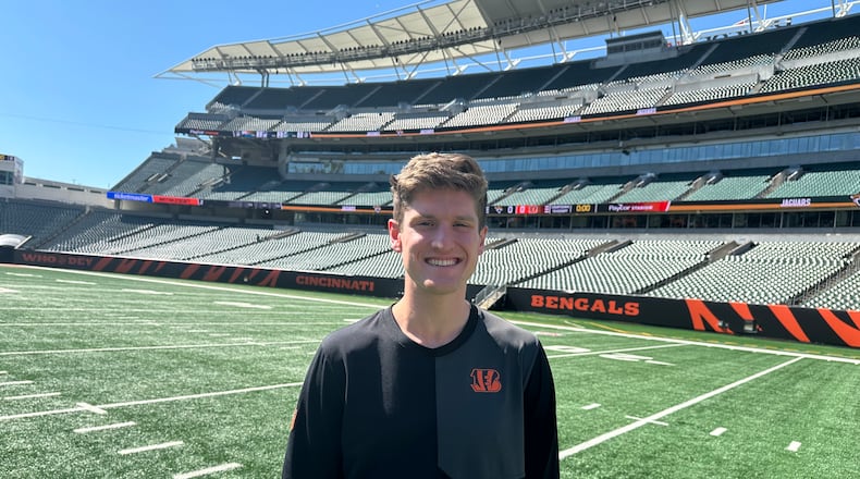 Miami is now the official education partner for Bengals reflecting the Brown-family’s ownership of the team and their historical ties with the Butler County university’s football program. And 2023 Miami graduate and former football player Trey LaBounty is one of the first faces of these two organizations joining forces. The former Redhawk tight end, who earned a Master of Sport Analytics from Miami, is now helping off the field while working in the team’s front office. (Provided)