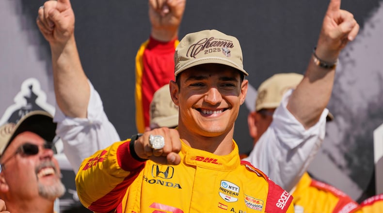 FILE - Alex Palou celebrates after winning the IndyCar championship Sunday, Aug. 31, 2025, at Nashville Superspeedway in Lebanon, Tenn. (AP Photo/George Walker IV, File)
