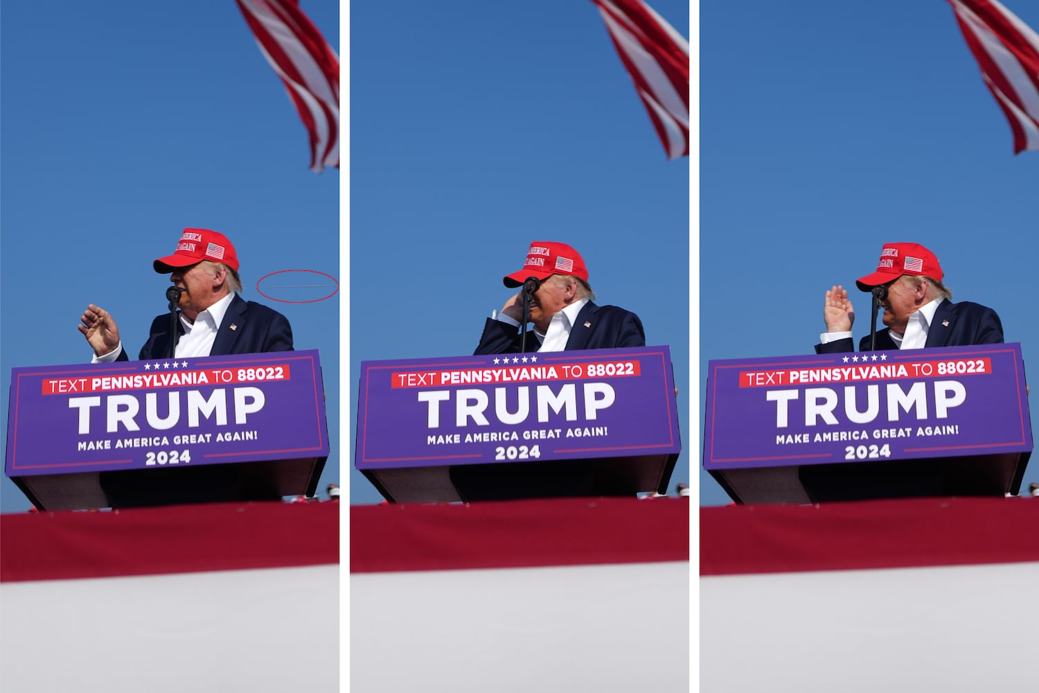 
                        A series of three images shows the moment when President Donald Trump realized he had been injured and, circled in red, what may be the blur of a bullet, during the attempted assassination at a campaign rally in Butler, Pa., July, 13, 2024. The political violence — the first time in more than four decades that a man who was elected president of the U.S. was wounded in an assassination attempt — comes at an especially volatile moment in American History. (Doug Mills/The New York Times)
                      