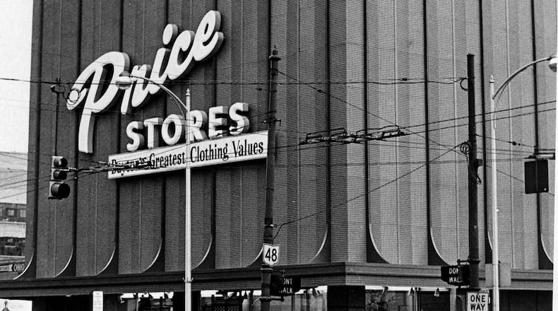 Exterior shot of Price Stores, 1972. At the time of the photo, the building's old brick exterior had recently been covered with a modern metal facade. The store is at Fourth and Jefferson streets in downtown Dayton.
