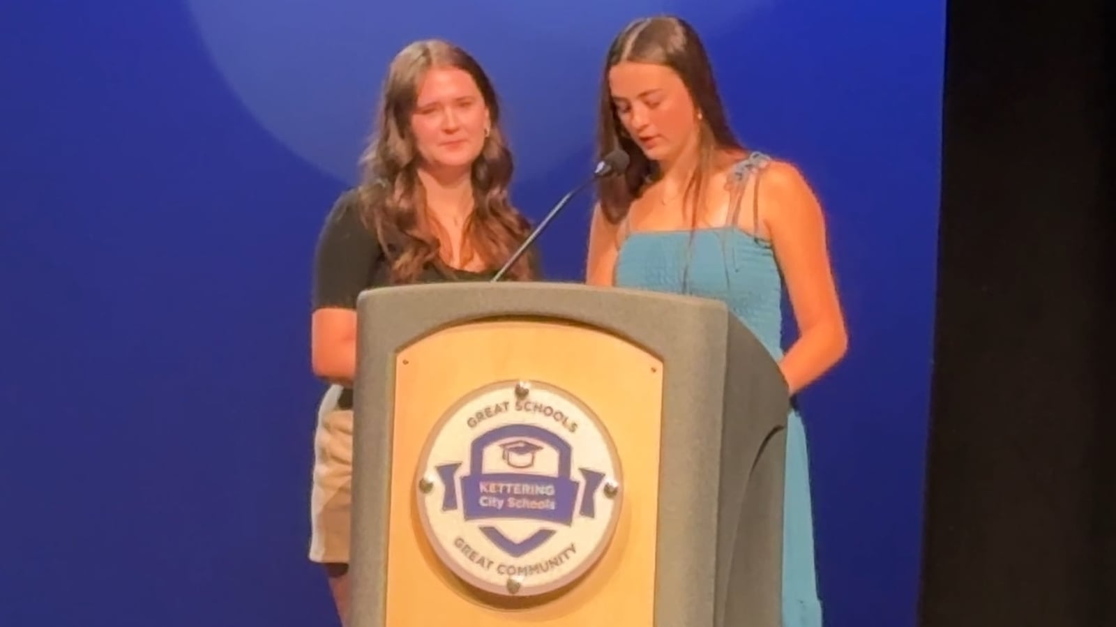 Engineering students Sadie Lee, left, and Tia Weiss speak about their experiences in the Kettering Fairmont High School's Career Technology Center during the grand opening celebration Thursday, Aug. 7 2025, for the new advanced manufacturing program and enhanced engineering space. JEN BALDUF/STAFF