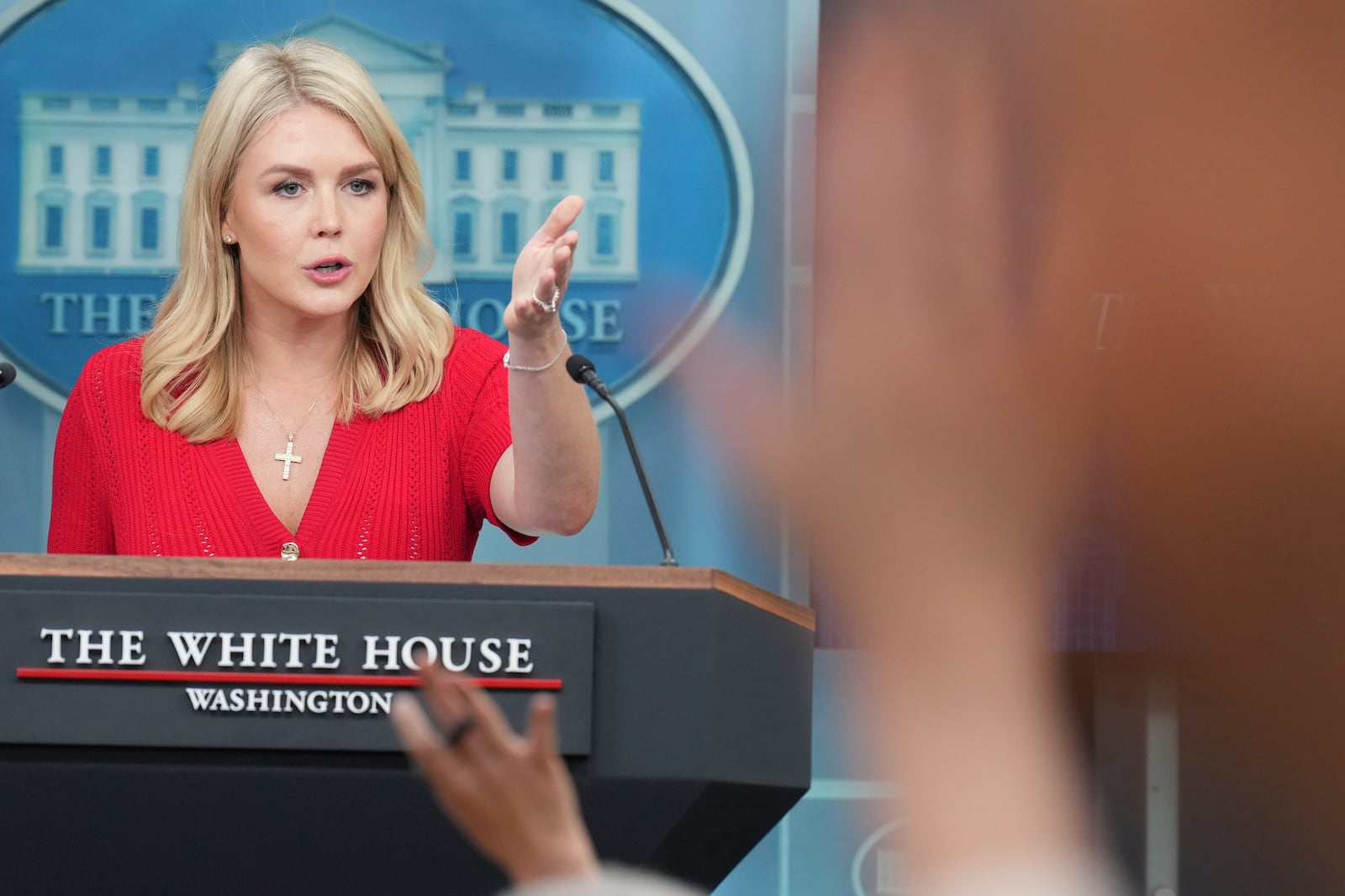 White House press secretary Karoline Leavitt speaks with reporters in the James Brady Press Briefing Room at the White House, Thursday, May 29, 2025, in Washington. (AP Photo/Jacquelyn Martin)
