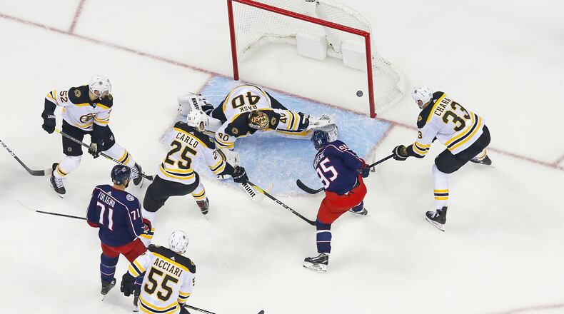 COLUMBUS, OH - APRIL 30: Matt Duchene #95 of the Columbus Blue Jackets beats Tuukka Rask #40 of the Boston Bruins for a goal in the second period of Game Three of the Eastern Conference Second Round during the 2019 NHL Stanley Cup Playoffs on April 30, 2019 at Nationwide Arena in Columbus, Ohio. Columbus defeated Boston 2-1. (Photo by Kirk Irwin/Getty Images)