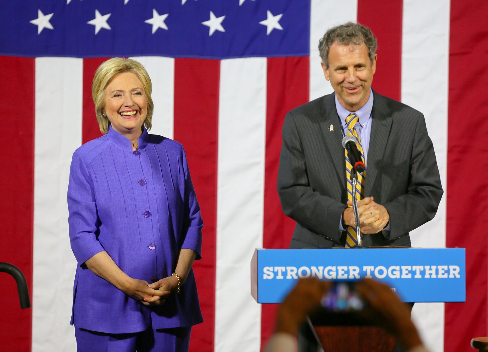 Ohio Senator Sherrod Brown and Hillary Clinton spoke to a crowd gathered for a Cincinnati organizing event held at the Dieterle Vocal Arts Center, University of Cincinnati, Monday, July 18, 2016. GREG LYNCH / STAFF